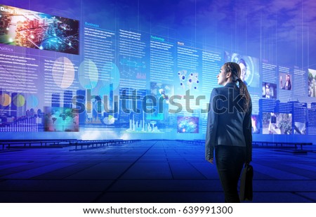 online curation media concept. electronic newspaper. young woman looking at various news images. abstract mixed media.