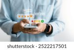 Online customer satisfaction survey service concept. User give Rate service from experience. Consumer give Stars, comment  and feedback review for quality, Business reputation ranking from buyer