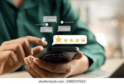 Online customer satisfaction Survey service concept, client rate service from experience in application,Consumer give five-Stars and feedback review for quality, Business reputation ranking from buyer - Powered by Shutterstock