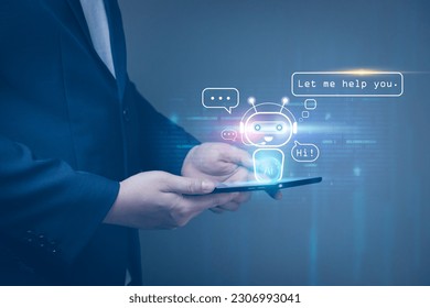 Online customer service by intelligent digital AI Chatbot application. Businessmen chat online with chat robots on tablet. technology innovation robot, communication and answer with fast process - Powered by Shutterstock - Get 15% off with code: PIKWIZARD15