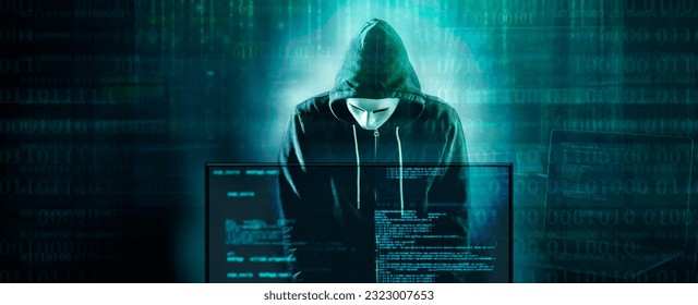 online cyber security  concept with anonymous hacker and code background
