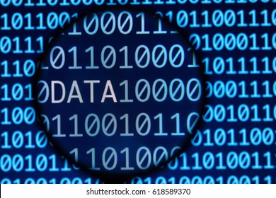 Online data search. Magnifying glass over digital binary code