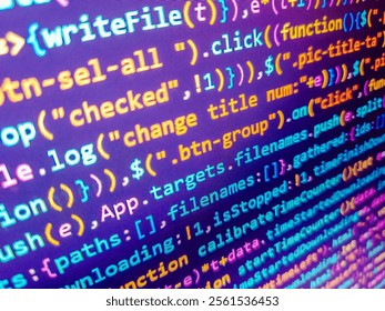 Online data security concept. Binary code with zeros and ones on a computer screen. Website concept in blue virtual space. Abstract modern virtual computer script. Computer script. Binary code.