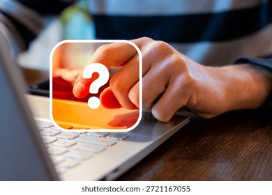 Online Data Verification Question Mark On Laptop, Finger Click Decision, Help And FAQ Prompt For Checking Information And Answering Online Questions