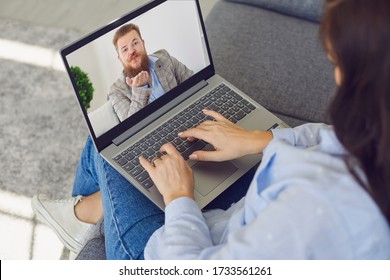 Online date. Online dating at home. A couple gets acquainted using the video chat application in the gadget. - Shutterstock ID 1733561261