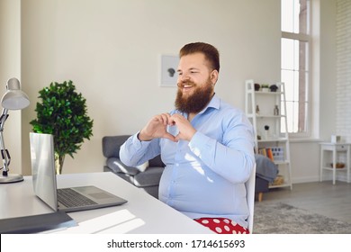 Online Dating Chat Video Chat Call. Funny Fat Bearded Man Communicates Video Call While Sitting At Home.