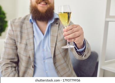 Online Dating. Funny Fat Man With Glass Of Wine Having Romantic Talk To His Girlfriend On Webcam From Home