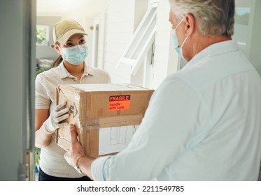 Online Delivery Worker, During Covid Pandemic Does Ecommerce Box Transport To Door And With A Mask On Face. E Commerce Shopping Industry, Retail Courier Shipping Service And Safe Package Distribution