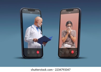 Online doctor taking care of a patient with cold and flu on video call, telemedicine concept - Powered by Shutterstock