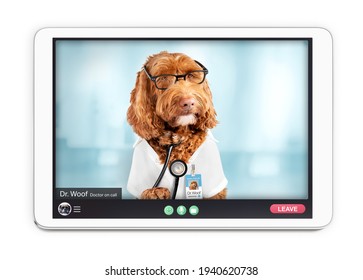 Online doctor in video call, animal or pet themed. Tablet screen with digital health care consultation between patient and dr. woof, a Labradoodle dog and veterinarian on call. Telemedicine concept.