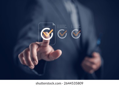 Online document checking and validation system. checklist icons for business file approval, form processing, and secure verification workflow in a digital environment.