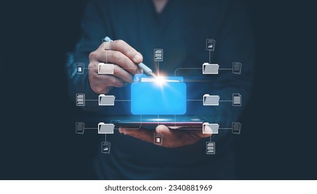 Online document management system concept, Businessman using smartphone and pen point to folder icon for manage information, document sharing, database tech, digital document paperless operation.