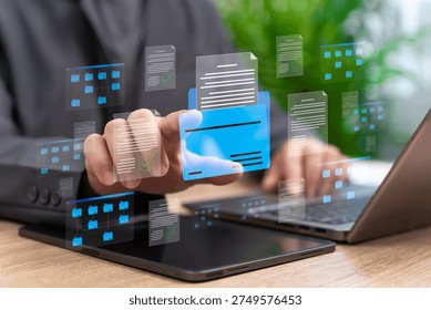 Online Document Verification and Secure File Management Concept, Businessman Approving Digital Documents with Privacy Protection, Confidential Data Storage, Secure Access Control System, Online System