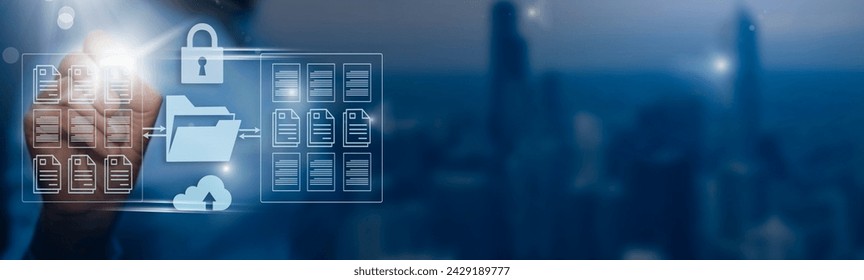  Online documentation database.  AI Document management system DMS concept. FTP (File Transfer Protocol), Secure FTP. Internet cloud technology, exchange information and data storage concept.        