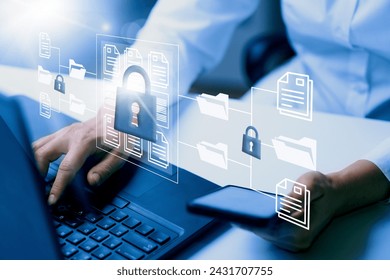  Online documentation database. AI document management system DMS concept. FTP (File Transfer Protocol), Secure FTP. Internet cloud technology, exchange information and data storage concept. 
