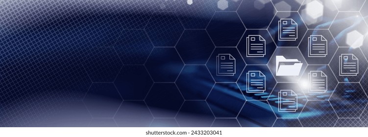  Online documentation database. AI document management system DMS concept. FTP (File Transfer Protocol), Secure FTP. Internet cloud technology, exchange information and data storage concept.  