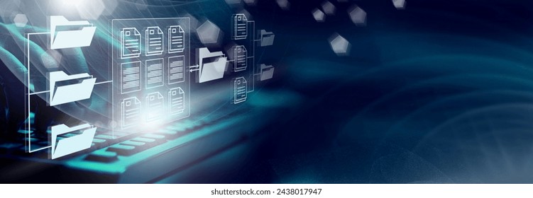  Online documentation database. AI document management system DMS concept. FTP (File Transfer Protocol), Secure FTP. Internet cloud technology, exchange information and data storage concept.   