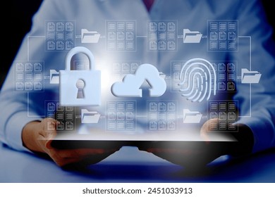   Online documentation database. AI document management system DMS concept. Data protection, cyber security concept.Internet cloud technology, exchange information and data storage concept.        