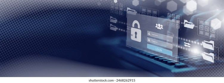  Online documentation database. AI document management system DMS concept. Data protection, cyber security concept.Internet cloud technology, exchange information and data storage concept             