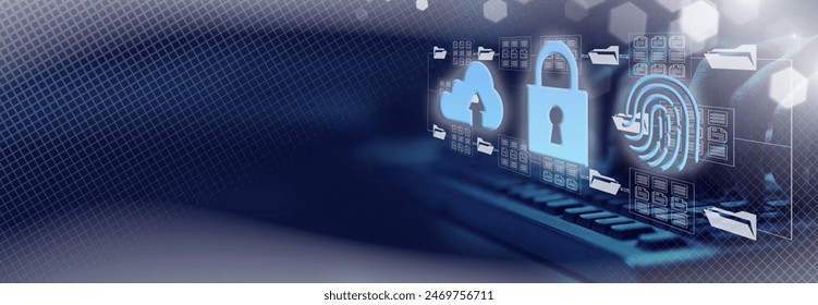 Online documentation database. AI document management system DMS concept. Data protection, cyber security concept.Internet cloud technology, exchange information and data storage concept