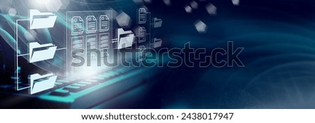  Online documentation database. AI document management system DMS concept. FTP (File Transfer Protocol), Secure FTP. Internet cloud technology, exchange information and data storage concept.   