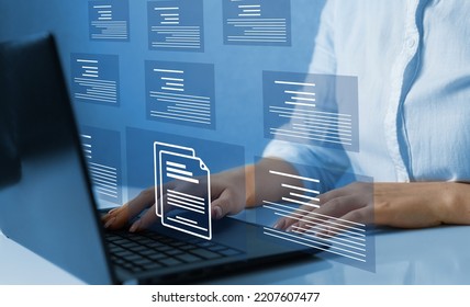 Online Documentation Database And Document Management System Concept.	
Businesswoman Working On Laptop With Virtual Screen. Process Automation To Efficiently Manage Files. 