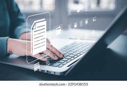 Online documentation database and document management system concept, Businessman using a tablet or computer, Document Management System and Automation software to archiving and efficiently manage.