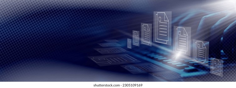 Online documentation database,  document management system concept background on virtual screen. Banner. Copy space.                       