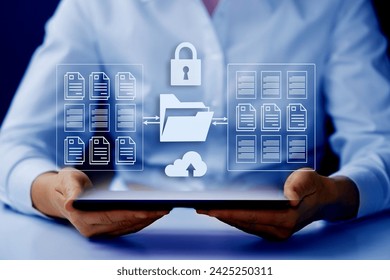  Online documentation database;  document management system DMS concept.  FTP (File Transfer Protocol), Secure FTP. Internet cloud technology, exchange information and data storage concept.           