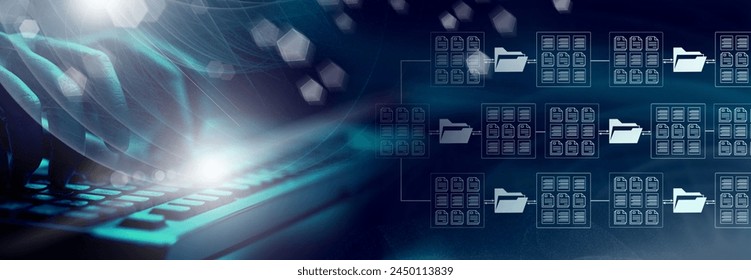  Online documentation database;  document management system DMS concept. FTP (File Transfer Protocol), Secure FTP. Internet cloud technology, exchange information and data storage concept.       