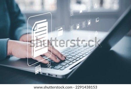 Online documentation database and document management system concept, Businessman using a tablet or computer, Document Management System and Automation software to archiving and efficiently manage.