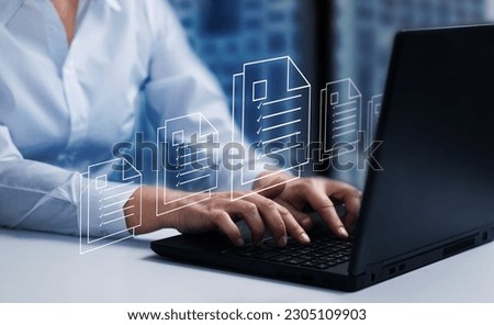 Online documentation database,  document management system concept background on virtual screen.               