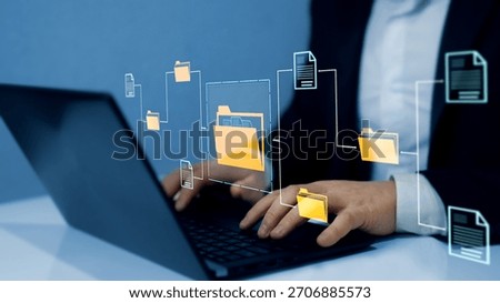 Online documentation database and document management system concept. Businesswoman working on laptop with virtual screen. Process automation to efficiently manage files.