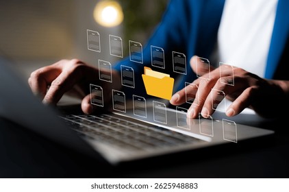 Online documentation database and process automation to efficiently manage files. Digital data document management system (DMS), knowledge documentation in enterprise. Corporate business technology.