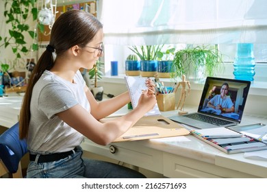 Online Drawing Lesson, Teenage Girl Having Video Conference With Teacher