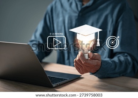 Online e learning is embodied by a laptop user showcasing digital innovation, lightbulb capped with a graduation hat, indicating online educational success through methods like video instruction.