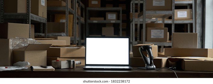 Online Ecommerce Store Mockup, Dropshipping Business Website Concept. Table With Laptop Computer Mock Up Blank White Screen, Shipping Boxes, Retail Marketplace, Warehouse Delivery Background, Banner.
