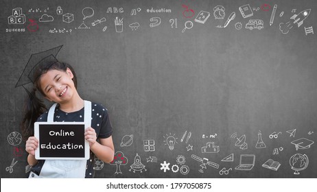 Online Education Class, E-learning Success For Kid With School Girl Child Student Learning Using Digital Tablet And Internet Study Lesson Classroom With Copy Space Of Teacher’s Blackboard Background