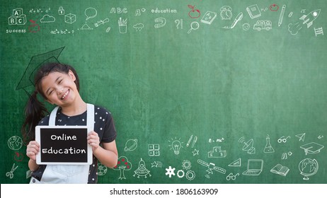 Online Education Class, E-learning Success For Kid With School Girl Child Student's Learning Inspiration Using Digital Tablet And Internet Study Lesson Classroom On Teacher’s Chalkboard Background