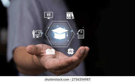 Online education and e learning concept with graduation cap icon on digital interface. Distance learning, academic certification, knowledge training, AI technology and modern education platform.