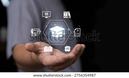 Online education and e learning concept with graduation cap icon on digital interface. Distance learning, academic certification, knowledge training, AI technology and modern education platform.