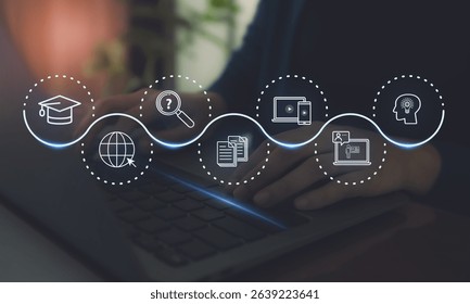 Online Education and E-Learning Concept. Interacts with virtual education icons on a digital interface, remote and online learning, digital training, webinars on the internet for personal development.