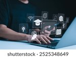 Online Education and E-Learning Concept. Person use laptop with icons representing online education, learning, knowledge sharing, educational tools, training, webinar on internet, digital courses,