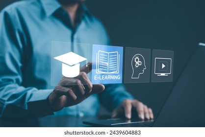 Online education and e-learning concepts. A man interacts with e-learning icons virtually, signifying modern online education methods. learning online webinar, video tutorials, training study course, - Powered by Shutterstock