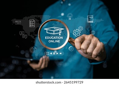 Online education and e-learning concepts. e-learning platforms, digital skill development. Modern online learning methods with education icons, brain, diploma