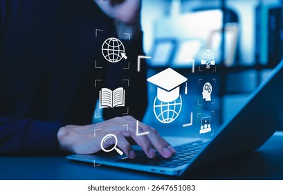 Online Education and E-Learning Digital Technology Concept. Icons of graduation cap, globe, book, and search representing online education, elearning, global knowledge sharing, and learn platform.