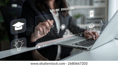 An online education and e-learning platform for distance learning. A concept of video courses, virtual classrooms, and digital study resources. Motif