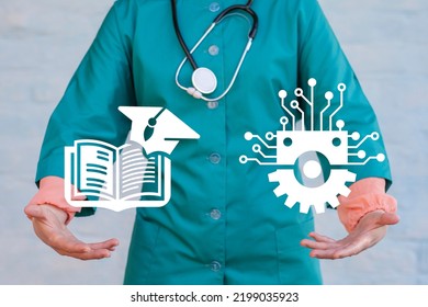 Online Education Healthcare Technology Concept. Medical Nurse Using Virtual Touchscreen Holding Icons: Book With Graduation Cap And Gear With Microchip.