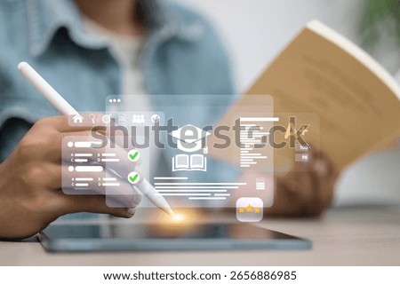 Online education interface with learning modules, quizzes, reports and A+ grade display on tablet. Ideal for e-learning and academic tech themes.