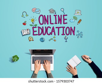 Online education with people working together with laptop and notebook